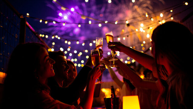 A silhouette of a DJ in action at a night concert stage performs for a dancing crowd during a live music festival event at a nightclub filled with disco lights and entertainment New Year’s Eve - Powered by Adobe