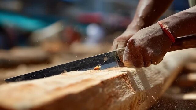 Closeup of a skilled worker using a sharp knife for precise debarking focusing on speed and accuracy in preparing logs for further processing.