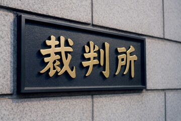 Fototapeta premium 裁判所の外壁に設置された金色文字の裁判所看板が示す司法機関と公的施設の信頼性イメージ