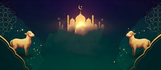 Eid Al Adha Banner Template Design with Mosque and Sheep Illustration