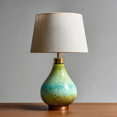 Vintage teardrop ceramic table lamp with gradient brown to turquoise to light green, brass accents, off-white linen shade, studio shot, minimalist mid-century modern design