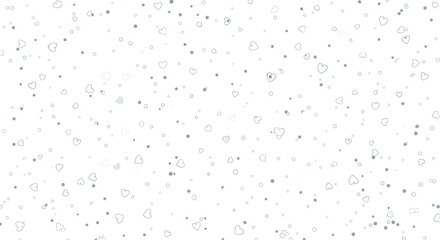 Subtle pattern of small grey hearts and dots scattered loosely on a white background for a minimal romantic design.