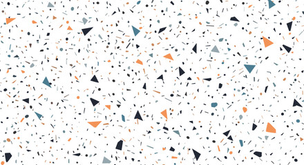 Fototapeta premium Modern terrazzo pattern featuring small geometric fragments in blue, orange, and dark grey on a white base for design.