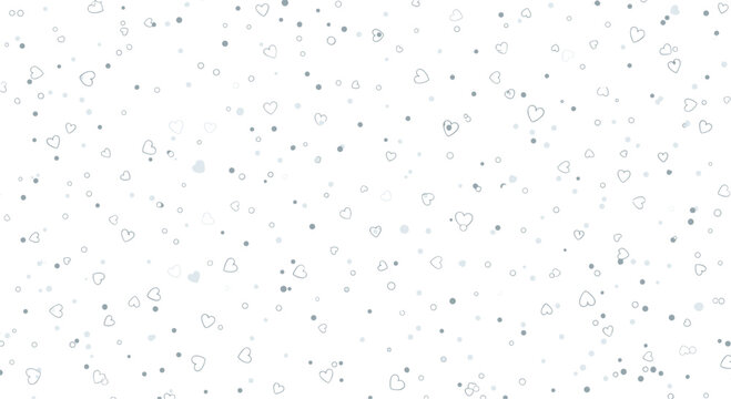 Subtle pattern of small grey hearts and dots scattered loosely on a white background for a minimal romantic design.