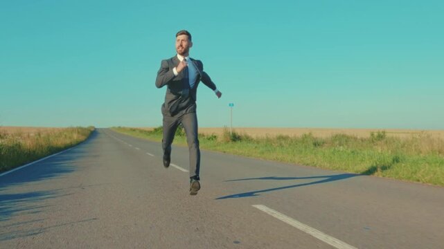 Lawyer sprinting through countryside landscape, Attired attorney swiftly moves across broad open rural fields
