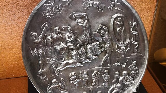 finely circular silver relief plate depicts mythological scenes chariots gods warriors animals metal reflects foro di cesare rome italy roman empire emperor polished art 