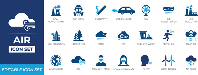 Air icon set featuring airflow, wind, oxygen, smog, fan, ventilation, conditioner, oxygen, and climate symbols for HVAC systems, environment apps, weather ui, and infographics