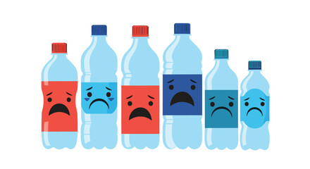 Group of plastic water bottles with sad faces and different water levels highlights the environmental concern of pollution and single-use waste.