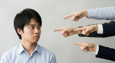 眼の前で大勢に指をさされる学生（集中攻撃・集団イジメのイメージ）