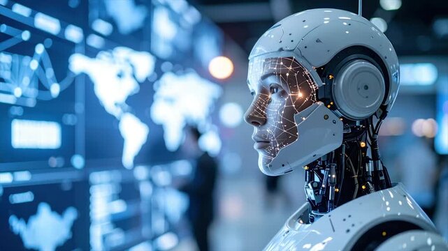 A futuristic humanoid robot faces screens displaying data analytics, including a world map