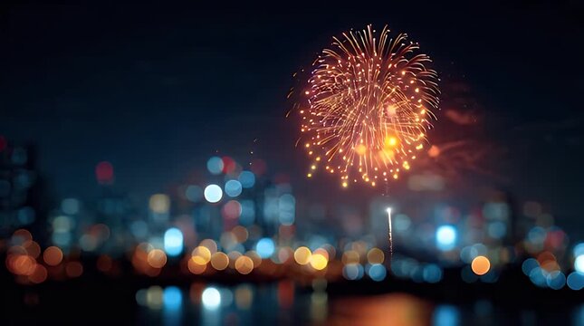 Soft Focus City Skyline at Night with Colorful Fireworks Background