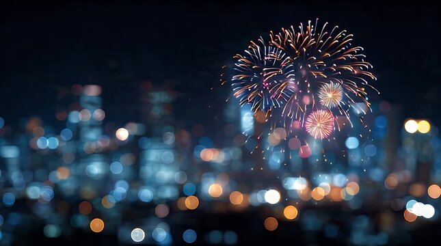 Abstract Night City with Soft Bokeh Lights and Colorful Fireworks