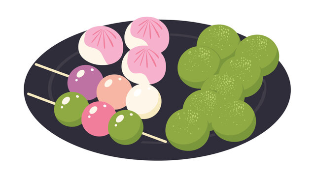 A delightful assortment of traditional Japanese sweets on a black plate, featuring colorful dango skewers and pink steamed manju buns.