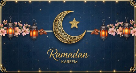 Ramadan Kareem Banner Template Design with Lanterns and Crescent Moon
