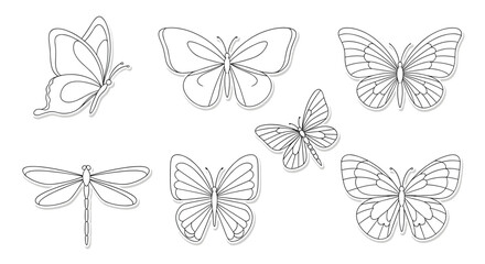 Set of delicate butterfly and dragonfly illustrations drawn with thin black lines on a white background perfect for stickers.