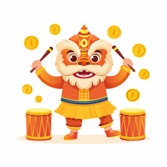 Funny cartoon clown boy smiling and holding a ball in a colorful circus costume