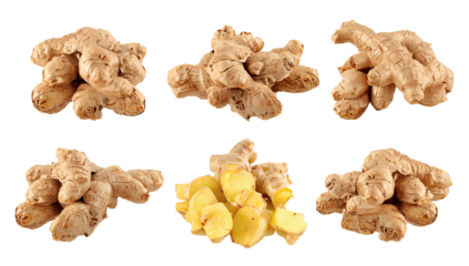Set of fresh ginger roots and sliced ginger pieces isolated on black background