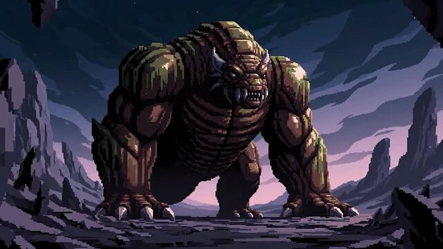 Pixelated artwork of a fierce, monstrous creature standing in a rocky, alien landscape, under a starry night