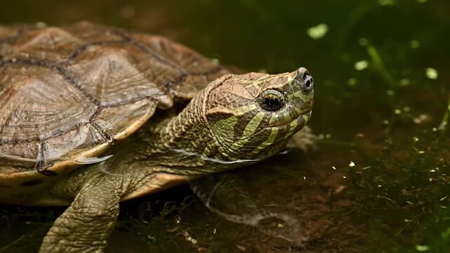 A detailed image of a turtle partially submerged in murky water. Showing texture, color, and reflections