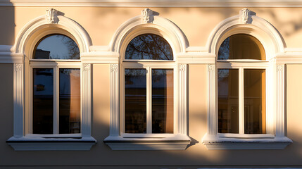 Fototapeta premium Three arched windows with white trim grace a pale yellow facade, bathed in warm sunlight. The reflections in the glass hint at the world beyond, creating a picturesque scene.