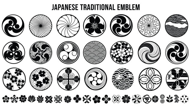 Japanese emblem, kamon symbol, traditional motif, cultural icon, black white design, wave floral geometric, heritage art, flat vector illustration