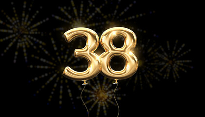 Gold balloon number 38 with fireworks in the background. Festive scene for birthday or anniversary party