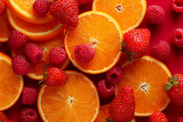 vibrant overhead shot of fresh strawberries raspberries and orange slices on a red background