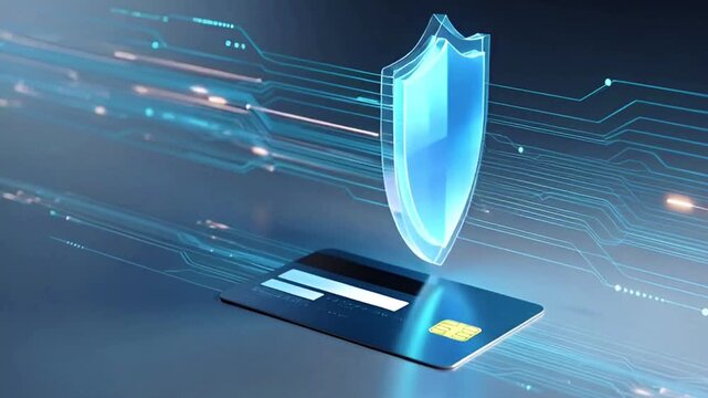 Animation representing secure digital payment and financial data protection, featuring a credit card with a holographic shield symbol and abstract data blue background.	