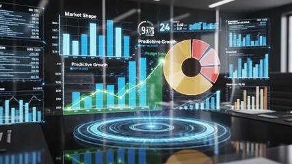 Futuristic predictive data visualization dashboard with holographic charts, predictive growth bar graph and segmented pie donut chart glowing analytics interface conveying business insight - Powered by Adobe