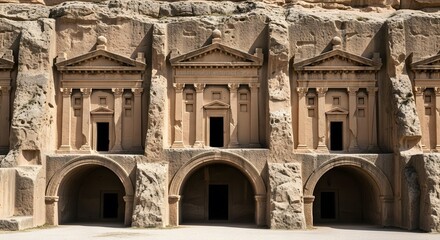 Fototapeta premium Ancient rock-cut facade featuring three classical temple structu
