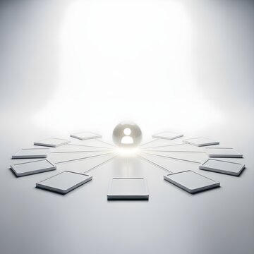 3D Render of Digital Identity Hub Connected to Multiple Apps, Enterprise Security Concept on White Background