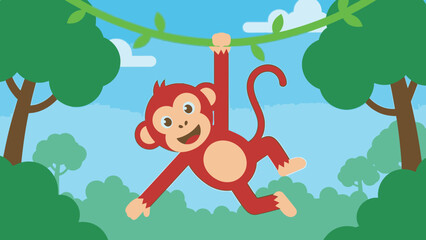 Naklejka premium Playful Cute Monkey Character Swinging from a Vine in a Lush Green Jungle Forest