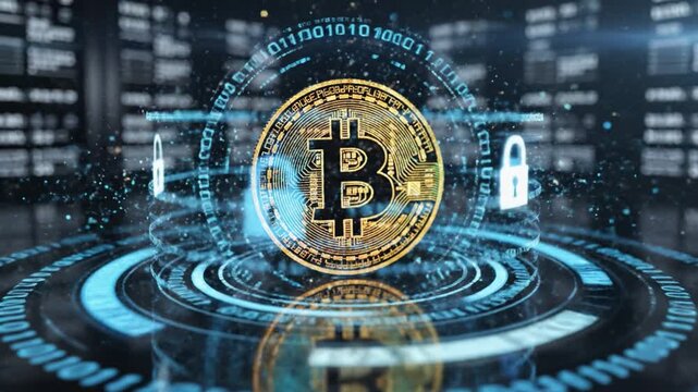 Digital gold bitcoin coin glowing futuristic data hub with hologram security lock and binary code golden coin above holographic circuit ring with glowing data particles reflective platform blockchain