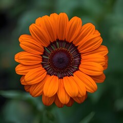 Vibrant orange gerbera daisy flower in full bloom with blurred green garden background.
