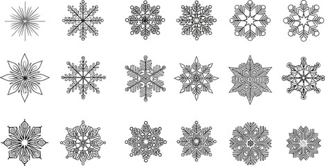 Decorative snowflake ornament illustration set featuring detailed winter ice crystals for holiday design, seasonal decor, and festive graphics