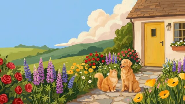 A whimsical illustration depicts the harmony of a dog and a cat in a colorful garden, against a backdrop of a charming cottage, celebrating the spirit of friendship and shared moments.