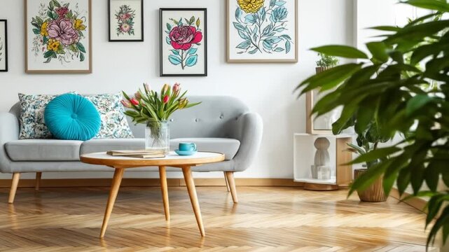 Cozy living room with floral art, a gray sofa, and plants.