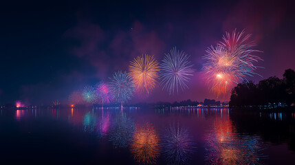 A vibrant fireworks display illuminates the night sky over a serene body of water