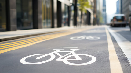 Urban cycle lane with crisp white bike symbols painted on asphalt, demarcated by yellow lines, offers a safe route for cyclists amid blurred city architecture and vehicle movement.