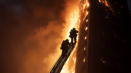Firefighters ascend a ladder towards a burning building, silhouetted against towering flames and smoke, showcasing bravery amidst disaster, risking their lives to help.