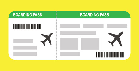 Vector illustration of a blank airplane boarding pass template with a QR code. Business travel, passengers, vacation, travel.