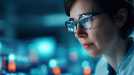 A focused woman in glasses examines digital data on screens, embodying a moment of concentration in a modern technological environment.