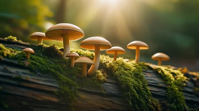 Close-up of several mushrooms growing on a mossy log in a forest with warm, natural lighting.