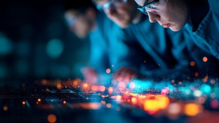 A focused team analyzes data on a glowing interface, showcasing technology and collaboration in a modern workspace.