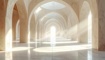 Fototapeta premium Enchanting architectural vista of a grand arched hallway bathed in ethereal sunlight, highlighting the intricate geometry and vast empty space with a serene, contemplative aura