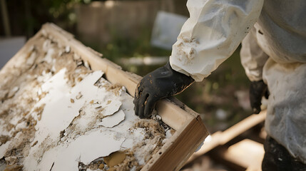 Professional in protective suit carefully removes a hazardous, damaged structure, displaying caution and expertise. The surrounding environment suggests an outdoor, daytime setting.