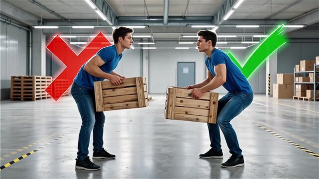 Safe vs Unsafe Box Lifting Posture Comparison &ndash; Worker with Red Cross and Green Check Mark &ndash; High Resolution 4K Ultra HD