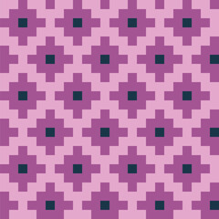 Stepped diamond pattern created from purple and dark teal blue squares on a pale pink background