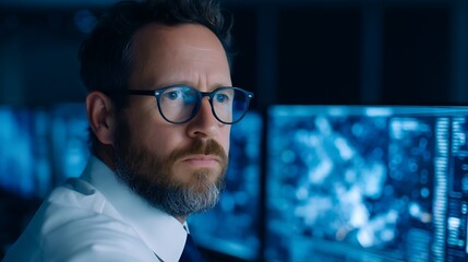 A focused man with glasses gazes intently at computer screens displaying data, suggesting a tech or analytical environment.