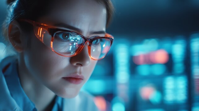 A focused young woman in glasses analyzes data on a screen, surrounded by colorful digital displays, indicating a high-tech environment. - Powered by Adobe